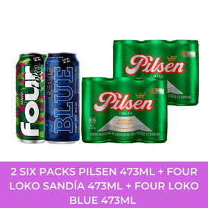 2 Pilsen Lata (473ml) Pack x 6 + Four Loko Sandía 473ml + Four Loko Blue 473ml
