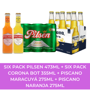 Pilsen Lata (473ml) Pack x 6 + Corona Botella (355ml) Pack x 6 +  Piscano Maracuyá (275ml) + Piscano Naranja (275ml)
